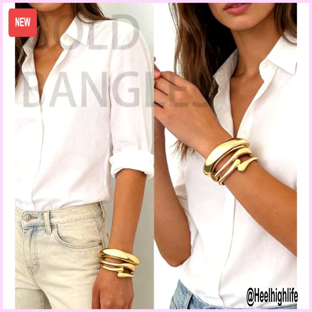 Chunky Gold Plated Bangle Bracelets Stack Set, St… - image 2